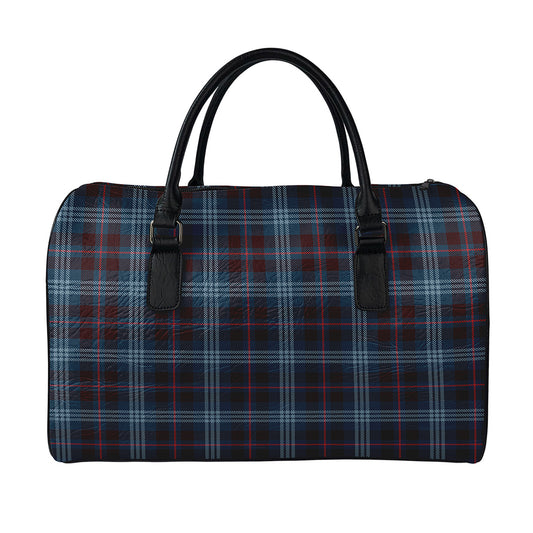 Dark Blue Tartan Pattern Print Leather Duffle Bag