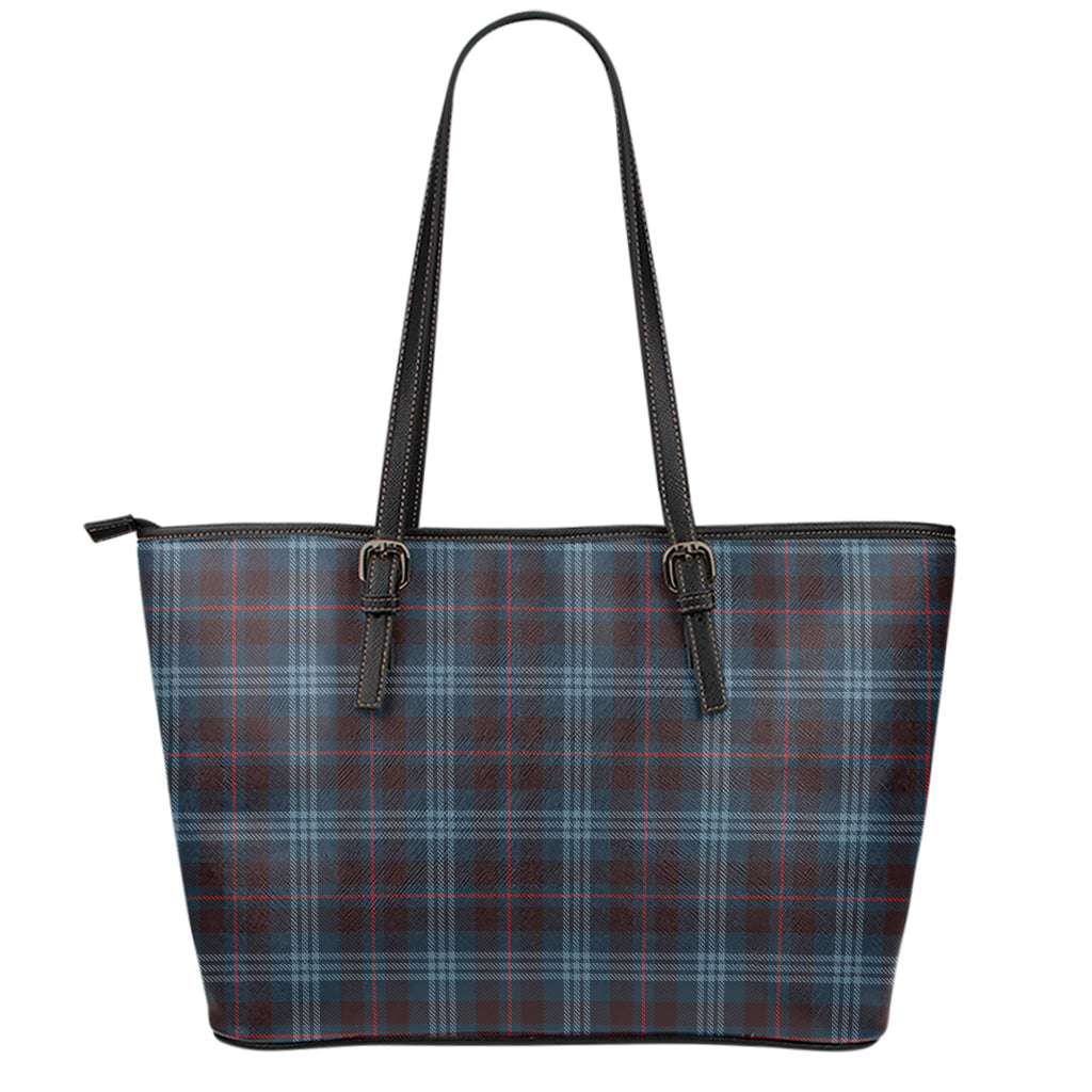 Dark Blue Tartan Pattern Print Leather Tote Bag