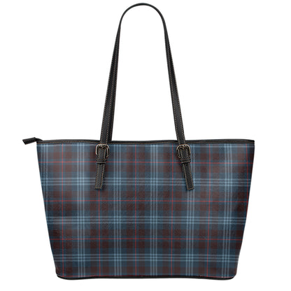 Dark Blue Tartan Pattern Print Leather Tote Bag