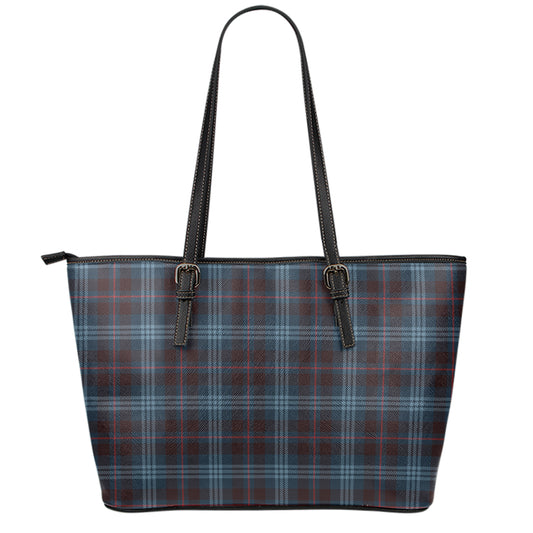 Dark Blue Tartan Pattern Print Leather Tote Bag