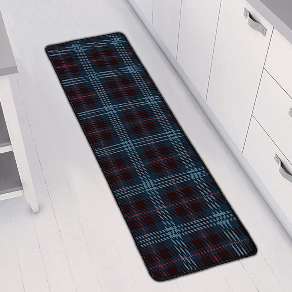 Dark Blue Tartan Pattern Print Long Kitchen Mat