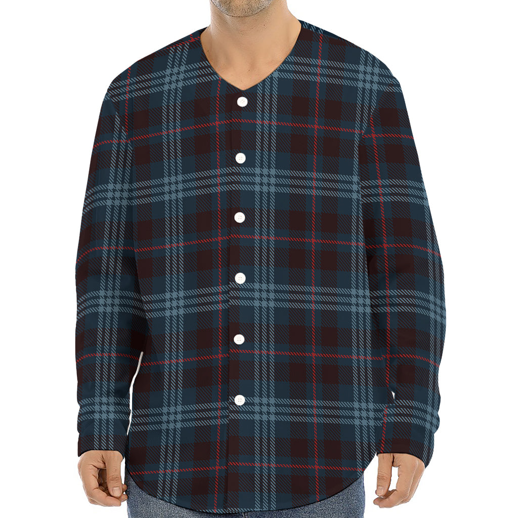 Dark Blue Tartan Pattern Print Long Sleeve Baseball Jersey