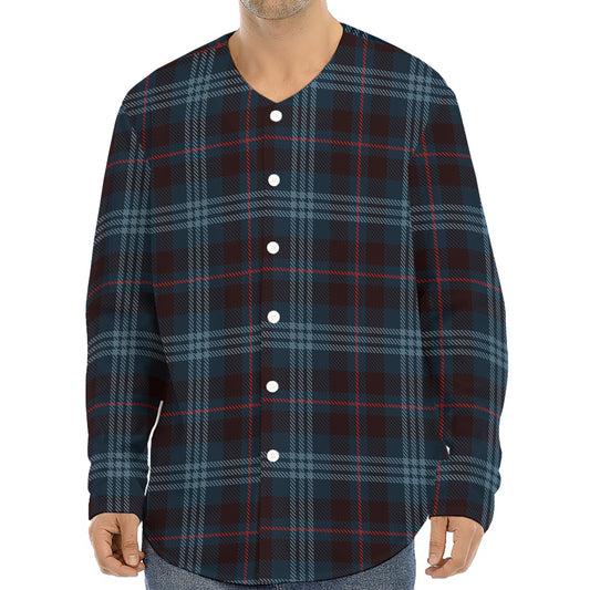 Dark Blue Tartan Pattern Print Long Sleeve Baseball Jersey