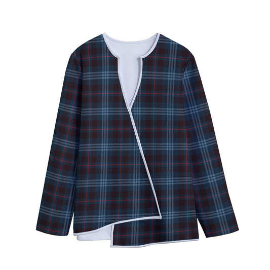 Dark Blue Tartan Pattern Print Long Sleeve Short Coat