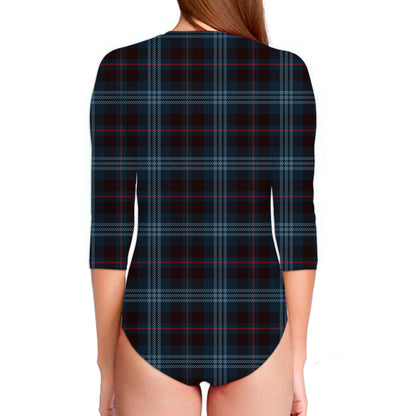 Dark Blue Tartan Pattern Print Long Sleeve Swimsuit