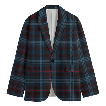 Dark Blue Tartan Pattern Print Men's Cotton Blazer