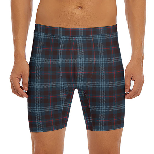 Dark Blue Tartan Pattern Print Men's Long Boxer Briefs