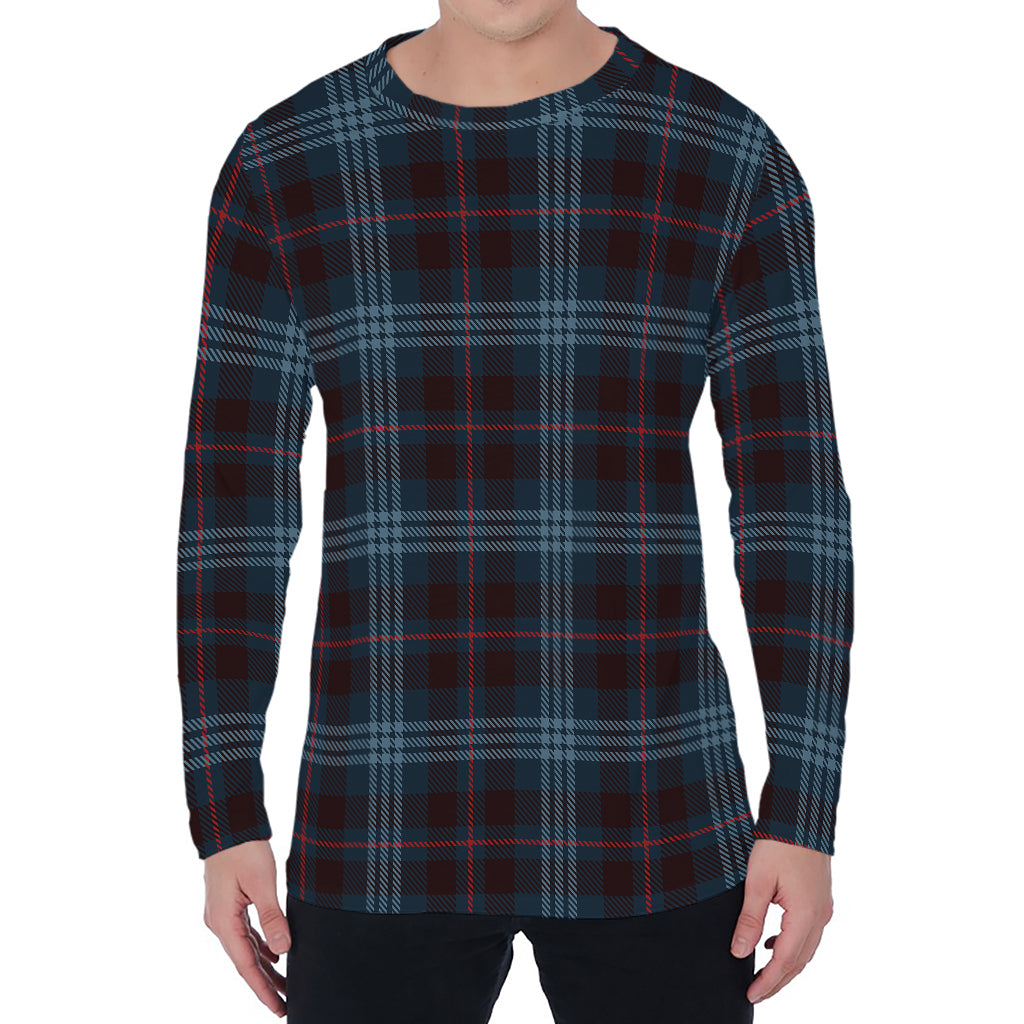 Dark Blue Tartan Pattern Print Men's Long Sleeve T-Shirt