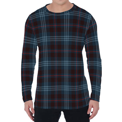 Dark Blue Tartan Pattern Print Men's Long Sleeve T-Shirt