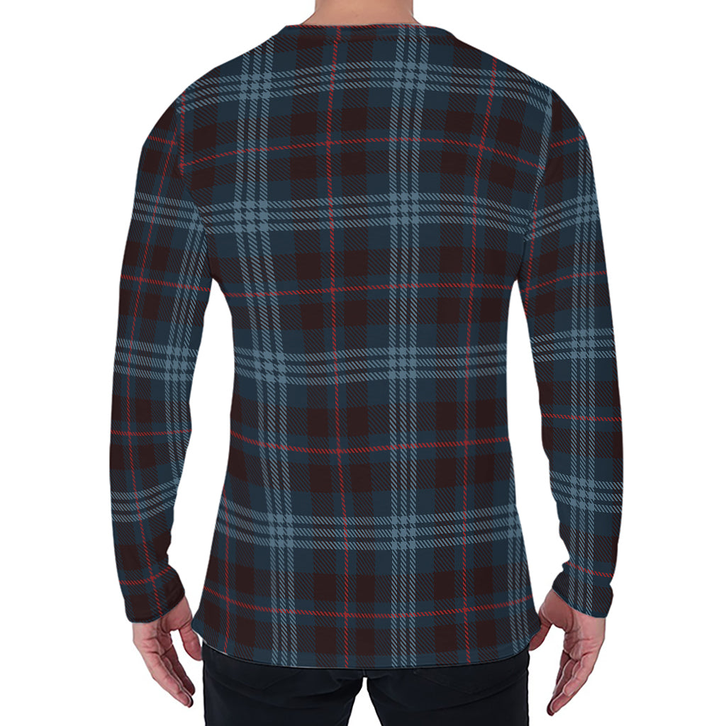 Dark Blue Tartan Pattern Print Men's Long Sleeve T-Shirt