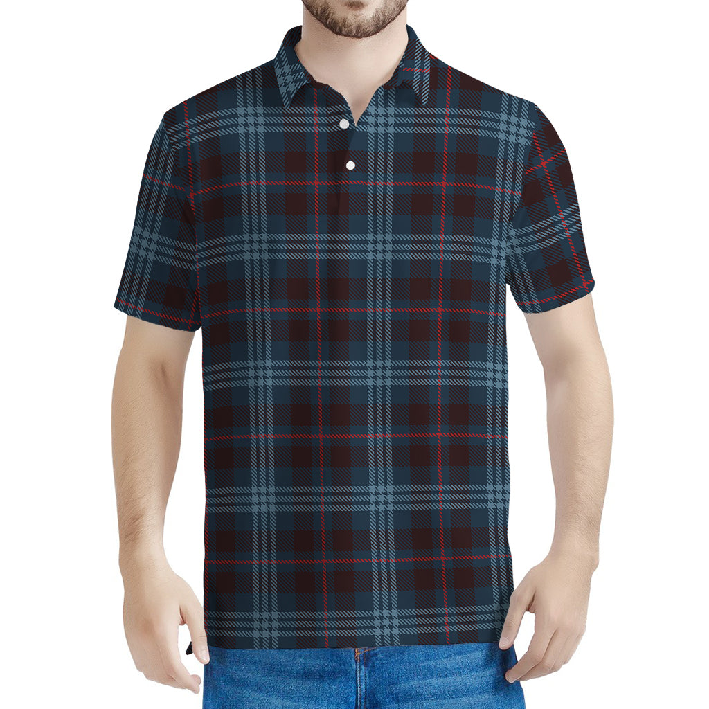 Dark Blue Tartan Pattern Print Men's Polo Shirt