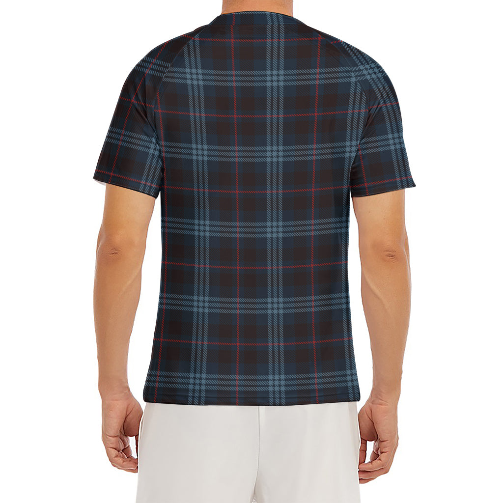 Dark Blue Tartan Pattern Print Men's Short Sleeve Rash Guard