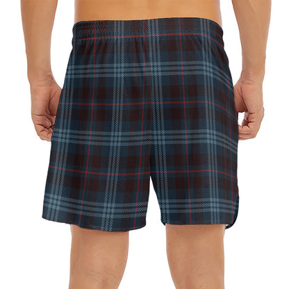 Dark Blue Tartan Pattern Print Men's Split Running Shorts