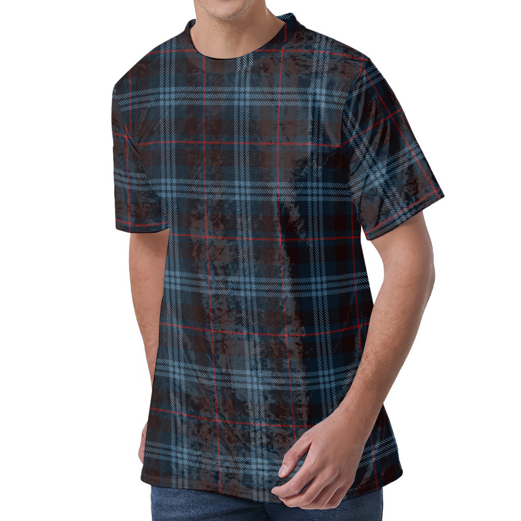 Dark Blue Tartan Pattern Print Men's Velvet T-Shirt