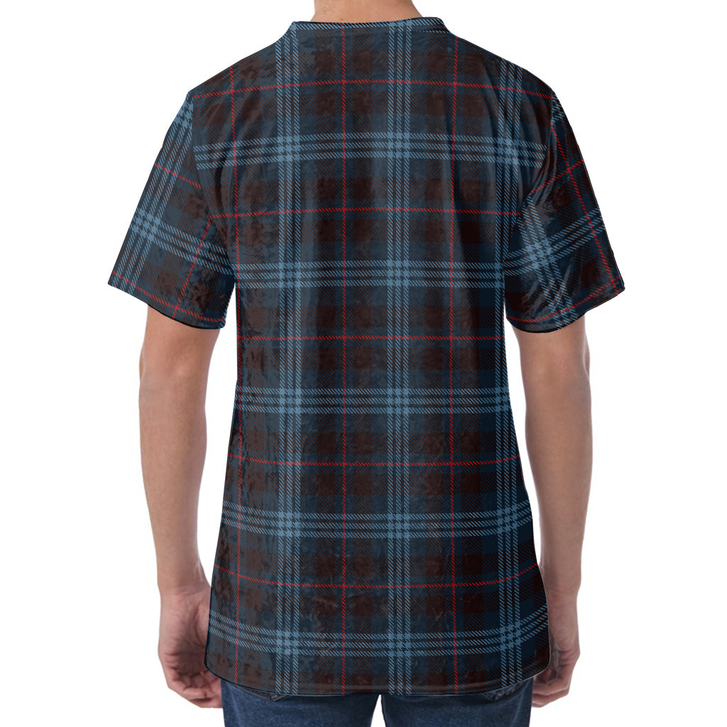 Dark Blue Tartan Pattern Print Men's Velvet T-Shirt