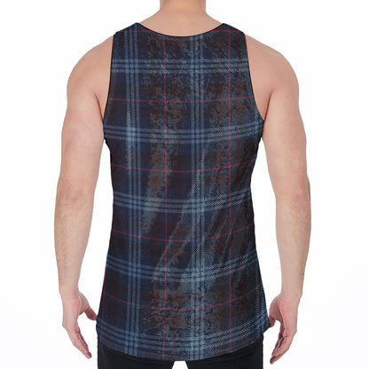 Dark Blue Tartan Pattern Print Men's Velvet Tank Top