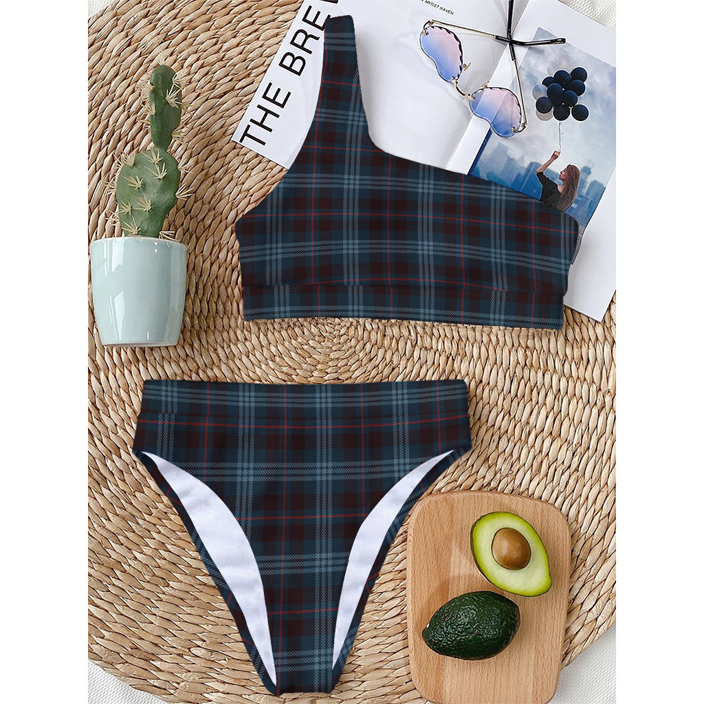 Dark Blue Tartan Pattern Print One Shoulder Bikini Top