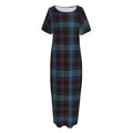 Dark Blue Tartan Pattern Print Short Sleeve Long Nightdress