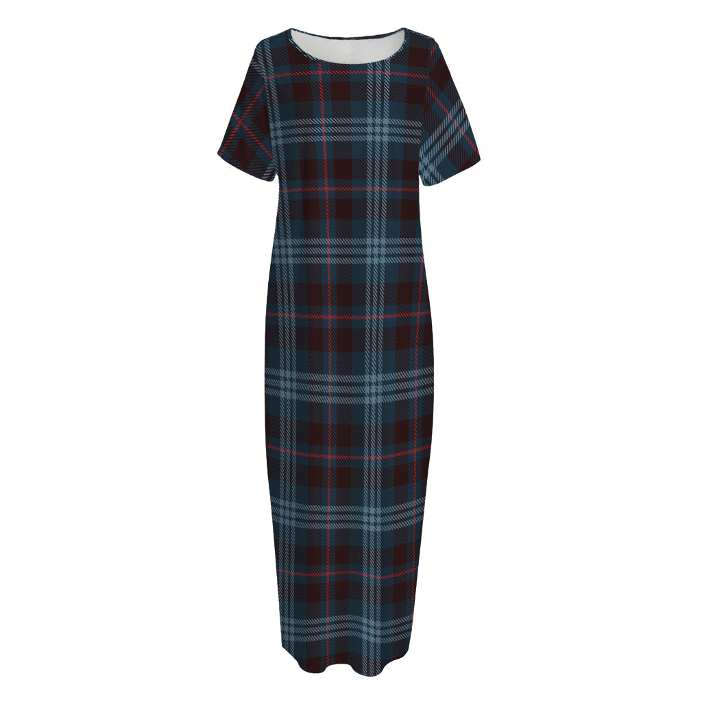 Dark Blue Tartan Pattern Print Short Sleeve Long Nightdress