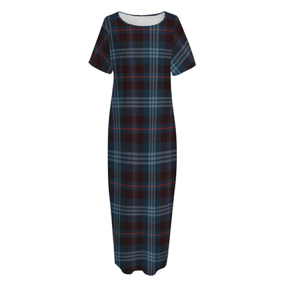 Dark Blue Tartan Pattern Print Short Sleeve Long Nightdress