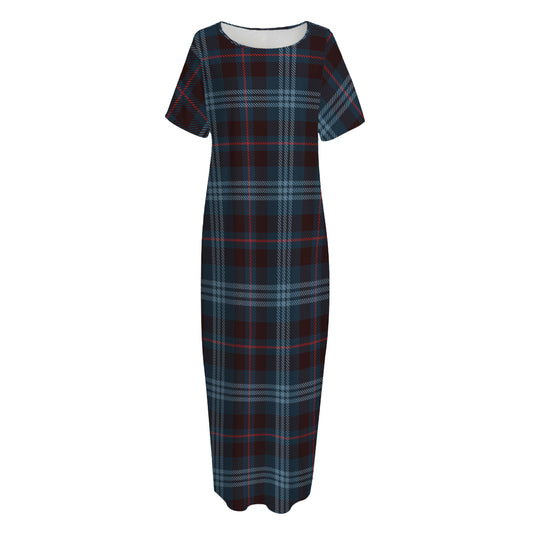 Dark Blue Tartan Pattern Print Short Sleeve Long Nightdress