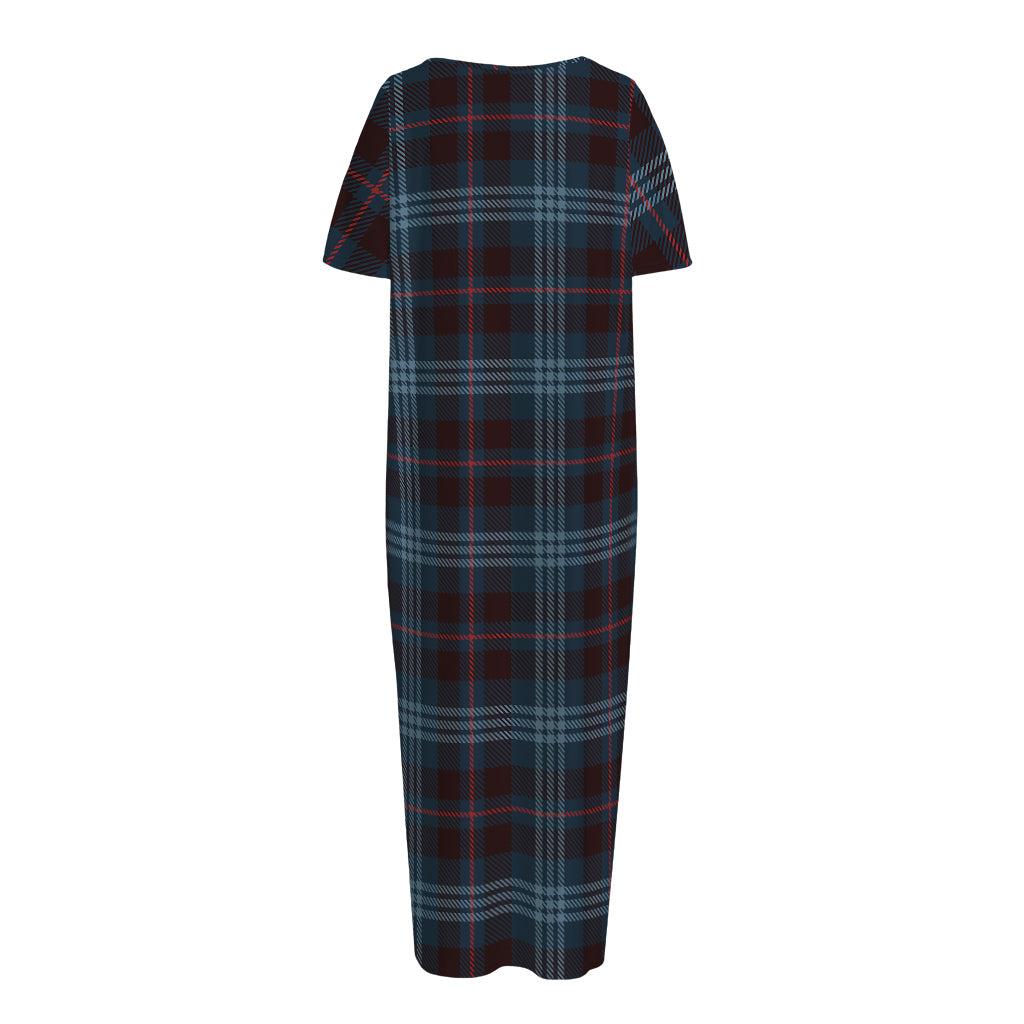 Dark Blue Tartan Pattern Print Short Sleeve Long Nightdress
