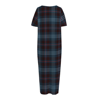 Dark Blue Tartan Pattern Print Short Sleeve Long Nightdress