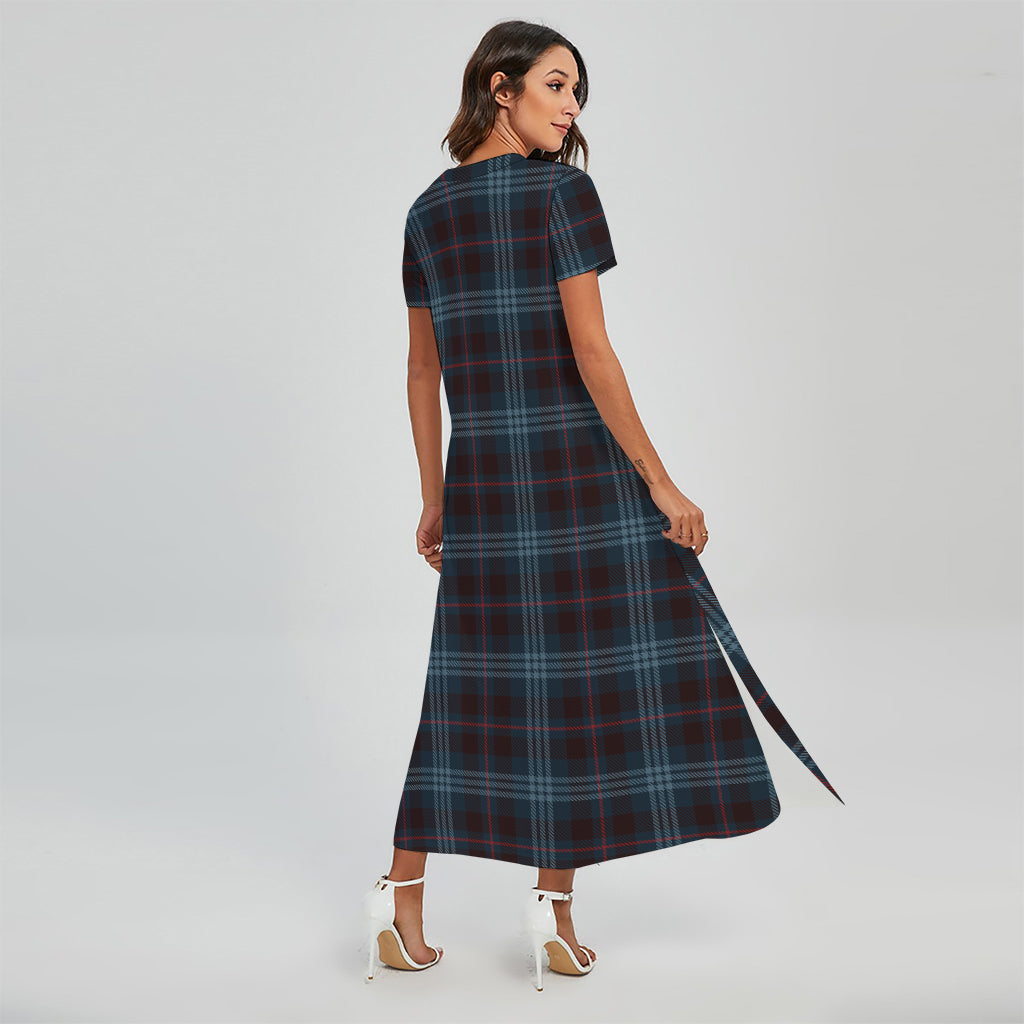 Dark Blue Tartan Pattern Print Short Sleeve Maxi Dress