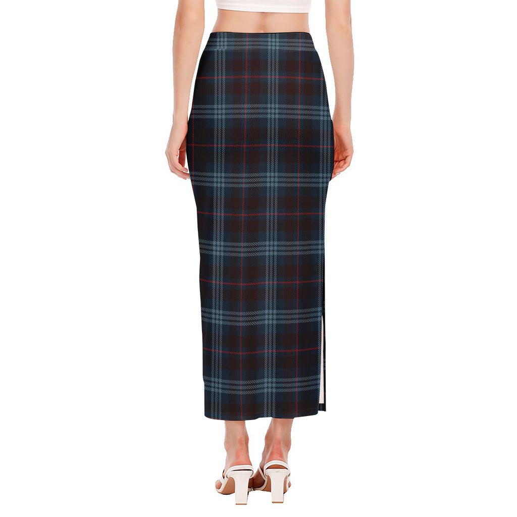 Dark Blue Tartan Pattern Print Side Slit Maxi Skirt