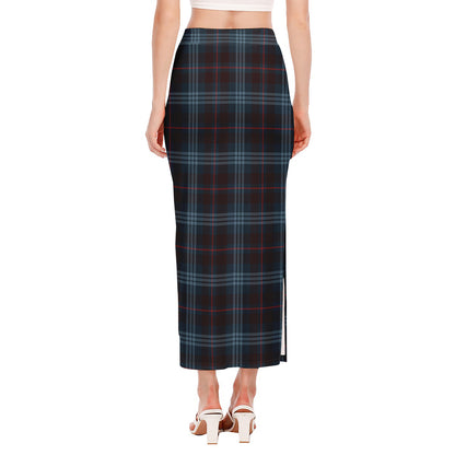 Dark Blue Tartan Pattern Print Side Slit Maxi Skirt