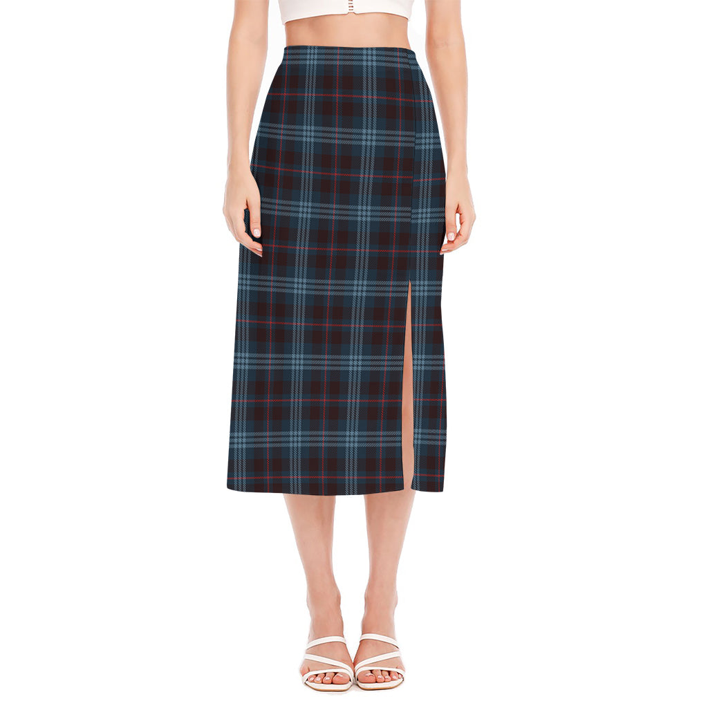 Dark Blue Tartan Pattern Print Side Slit Midi Skirt
