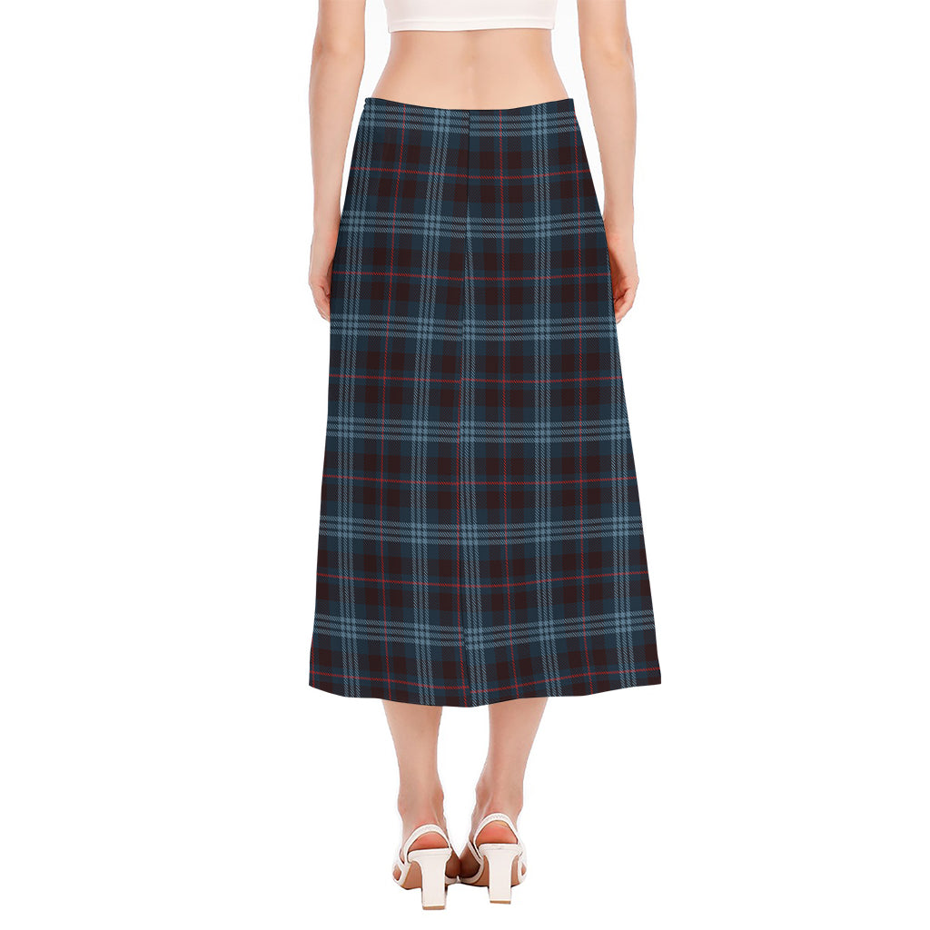 Dark Blue Tartan Pattern Print Side Slit Midi Skirt