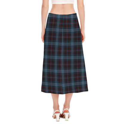 Dark Blue Tartan Pattern Print Side Slit Midi Skirt