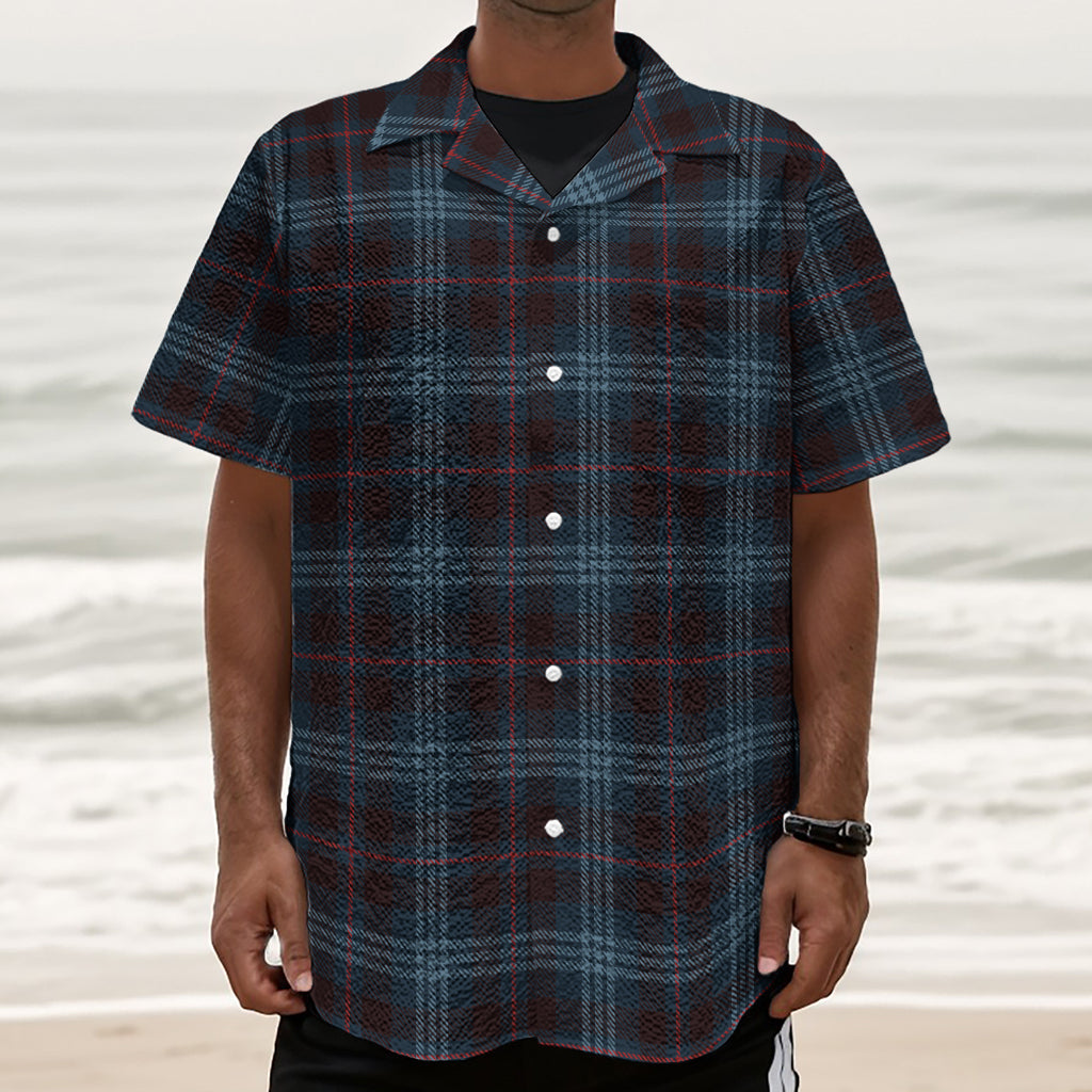 Dark Blue Tartan Pattern Print Textured Short Sleeve Shirt