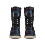 Dark Blue Tartan Pattern Print Winter Boots