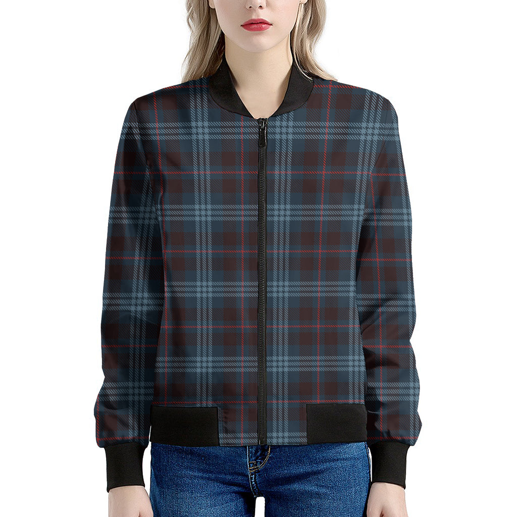 Dark Blue Tartan Pattern Print Women's Bomber Jacket