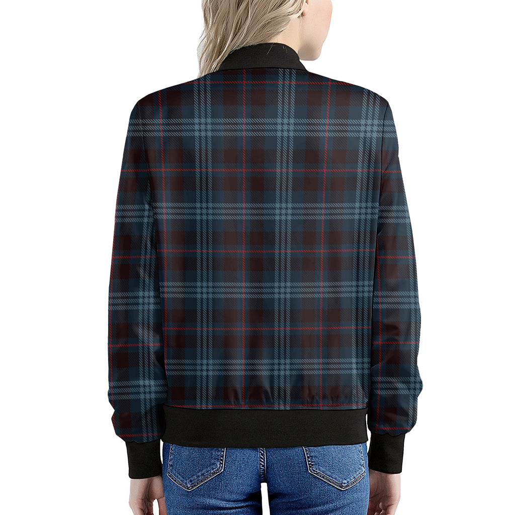 Dark Blue Tartan Pattern Print Women's Bomber Jacket
