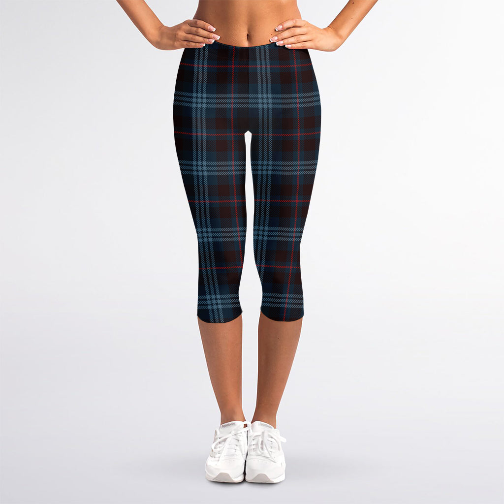 Dark Blue Tartan Pattern Print Women's Capri Leggings