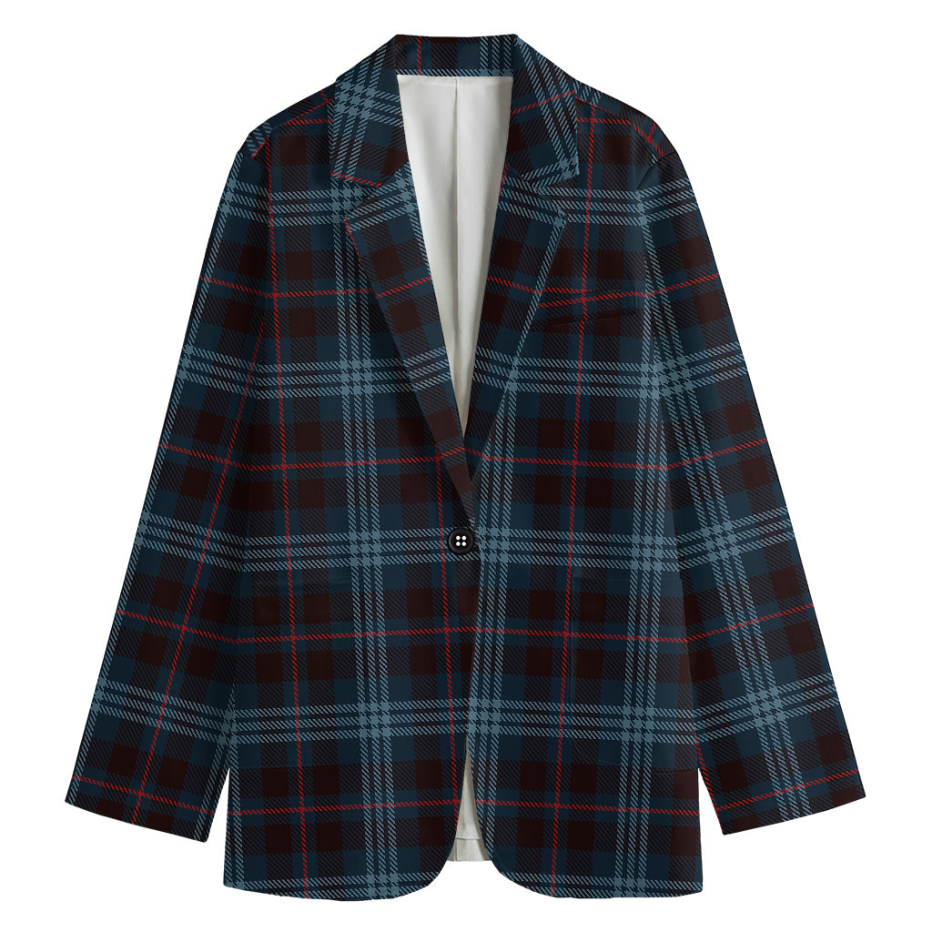 Dark Blue Tartan Pattern Print Women's Cotton Blazer