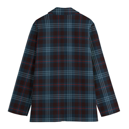 Dark Blue Tartan Pattern Print Women's Cotton Blazer