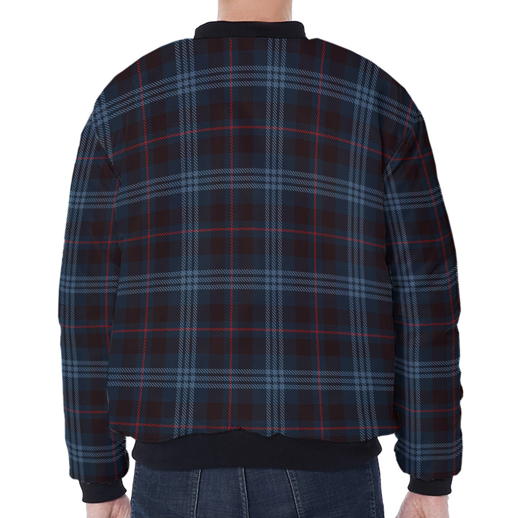 Dark Blue Tartan Pattern Print Zip Sleeve Bomber Jacket