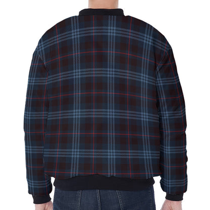 Dark Blue Tartan Pattern Print Zip Sleeve Bomber Jacket