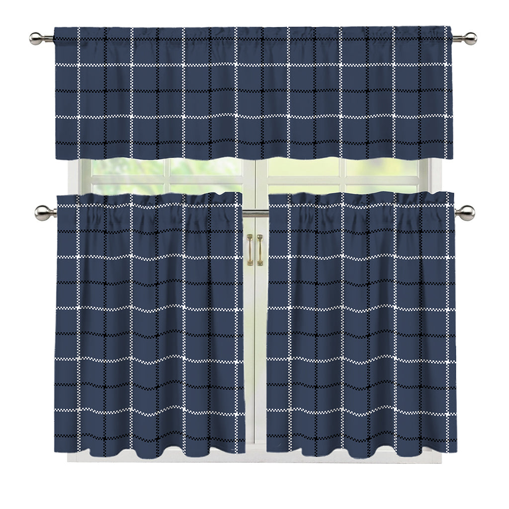 Dark Blue Tattersall Pattern Print 3 Piece Kitchen Curtains