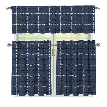 Dark Blue Tattersall Pattern Print 3 Piece Kitchen Curtains