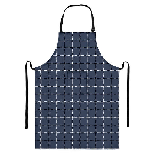 Dark Blue Tattersall Pattern Print Bib Apron With Pocket