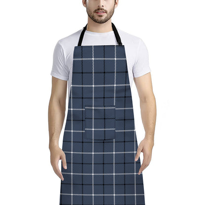 Dark Blue Tattersall Pattern Print Bib Apron With Pocket