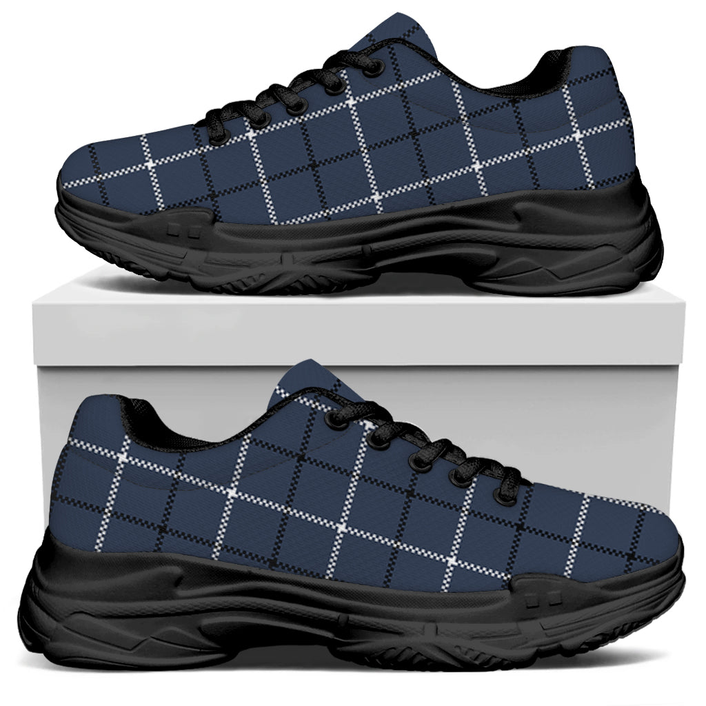 Dark Blue Tattersall Pattern Print Black Chunky Shoes
