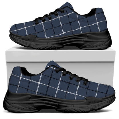 Dark Blue Tattersall Pattern Print Black Chunky Shoes