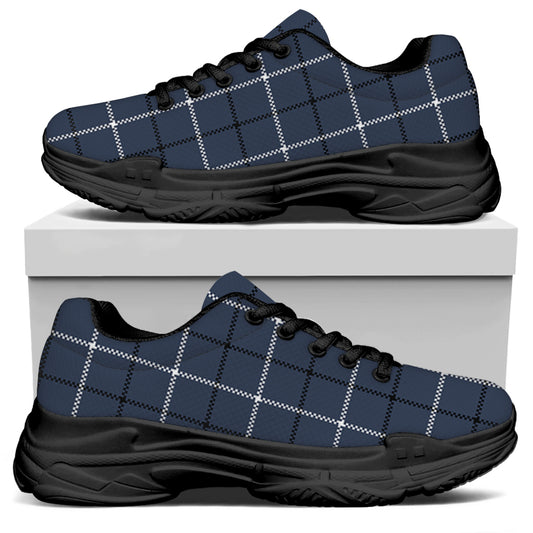 Dark Blue Tattersall Pattern Print Black Chunky Shoes