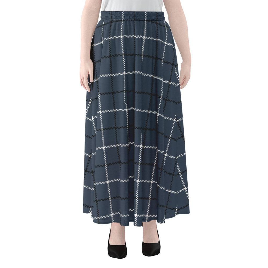Dark Blue Tattersall Pattern Print Chiffon Maxi Skirt